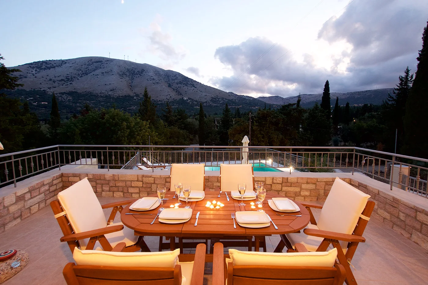 Villa Joanna balcony with panoramic mountain views, Agia Efimia