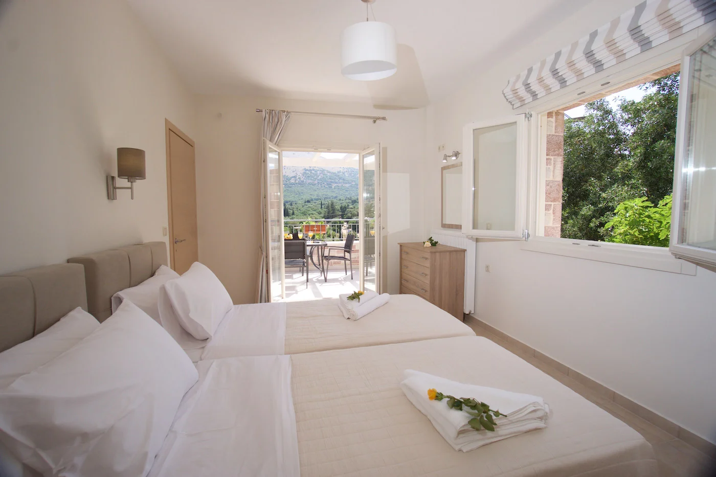 Twin bedroom in Villa Miranda, luxury villa Agia Efimia  Elegant bedroom with mountain view at Villa Miranda, Kefalo