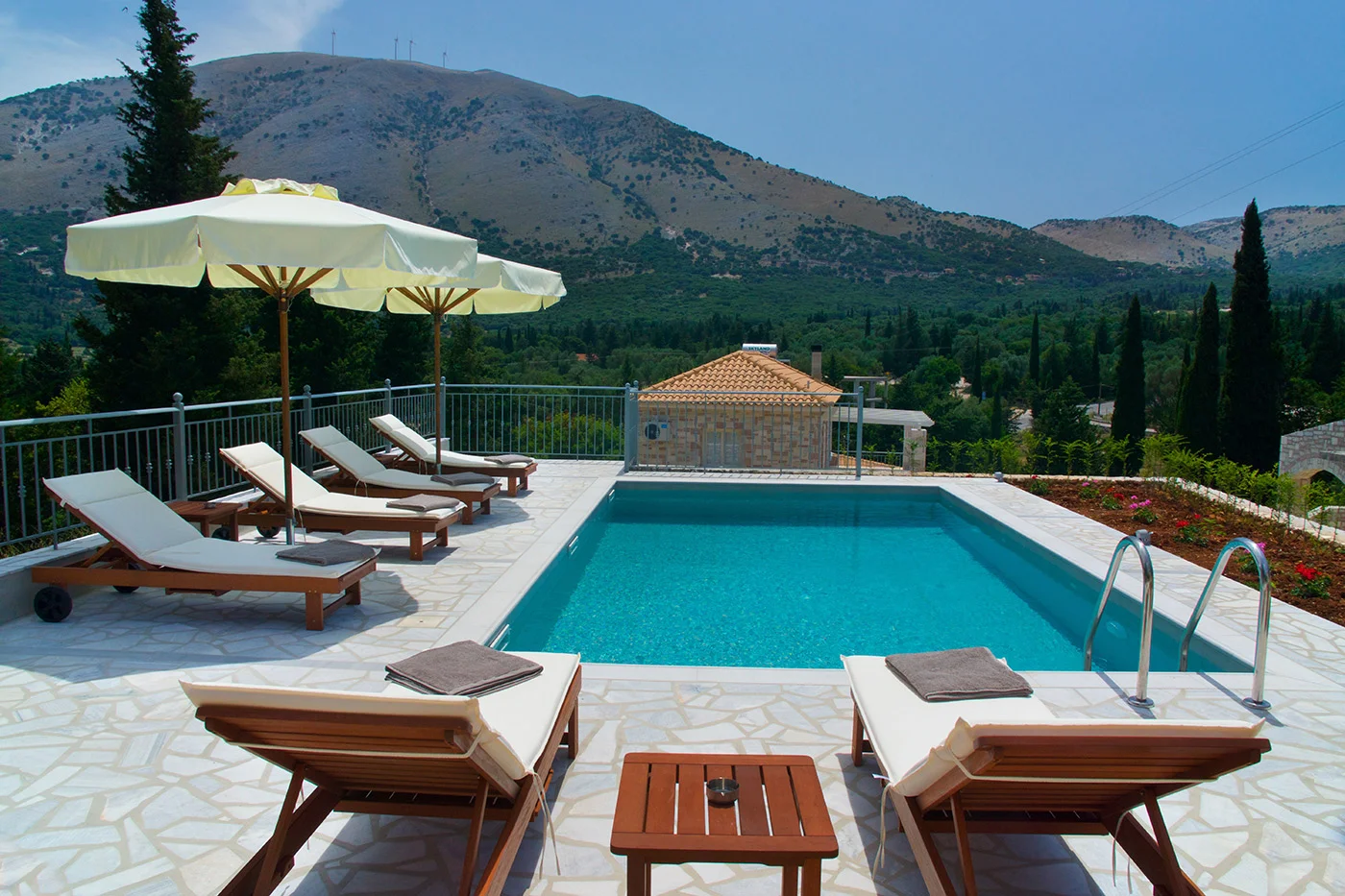 Sun terrace at Villa Miranda, luxury stone villa Kefalonia